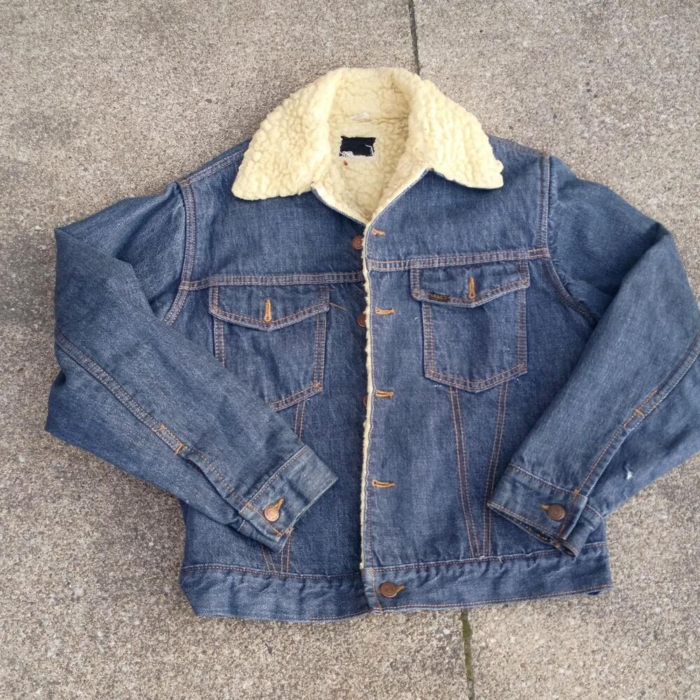 Vtg Roebucks Sherpa Lined Denim Trucker Jacket 60s 70s Sears Western USA 36-R